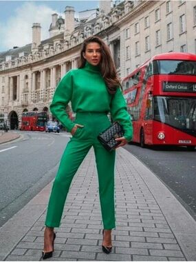 Zara High-Waist Green Tailored Women's Pants